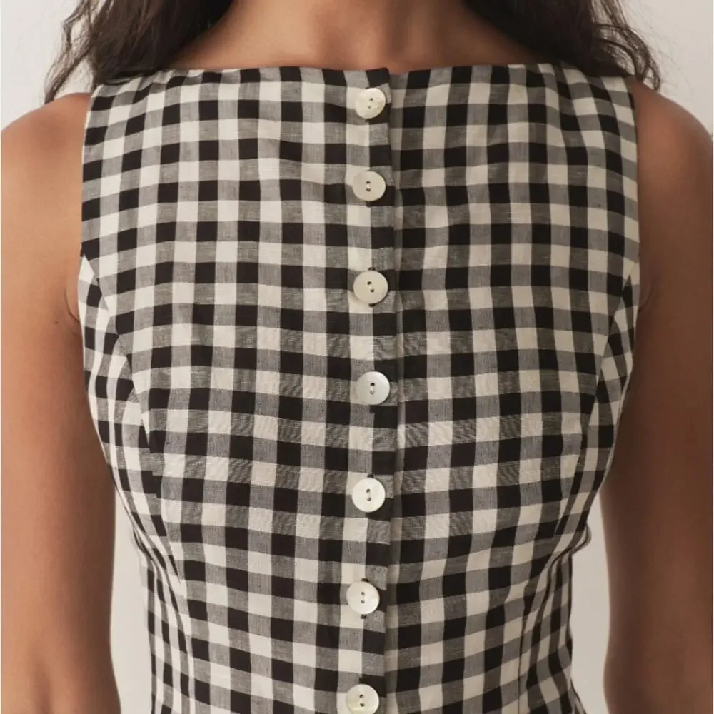 Doen Hayden Linen Button Boatneck Sleeveless Top Black Marilyn Gingham White - Picture 3 of 14